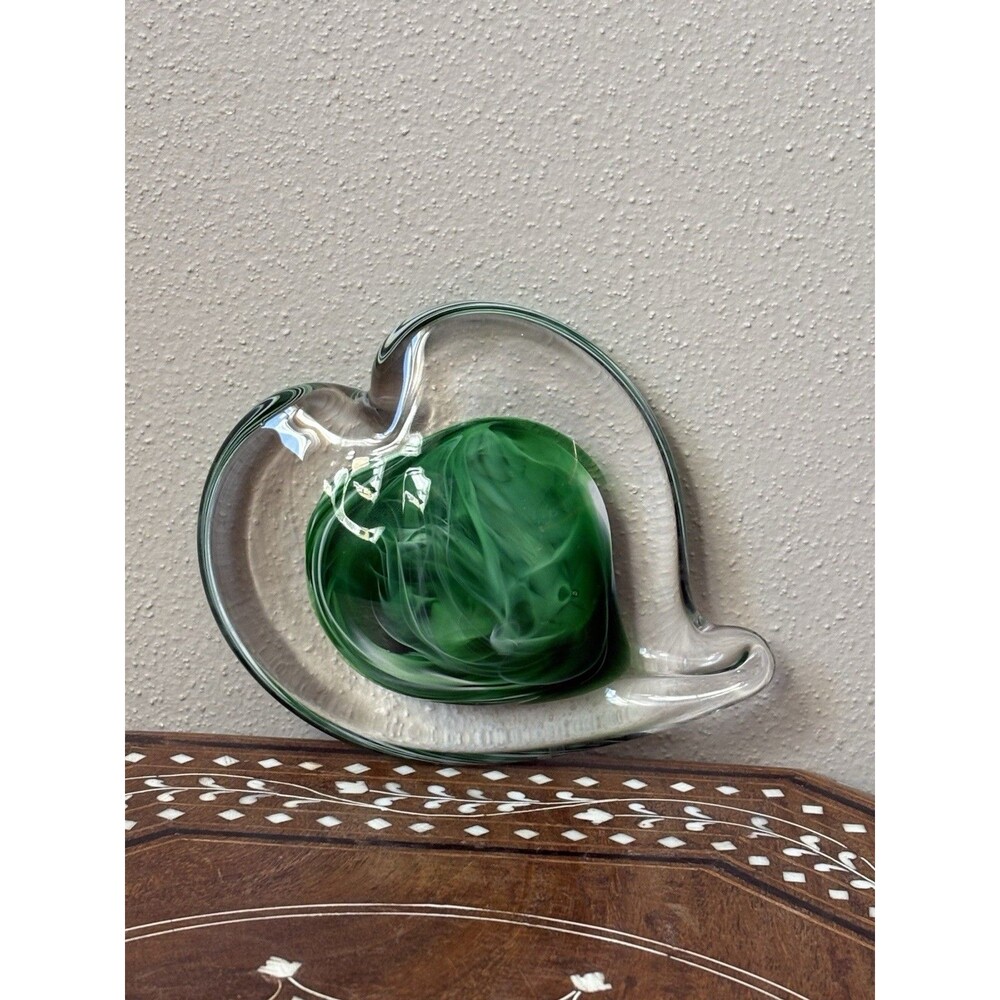 Heart Shaped Art Glass Green Swirl Paperweight Signed